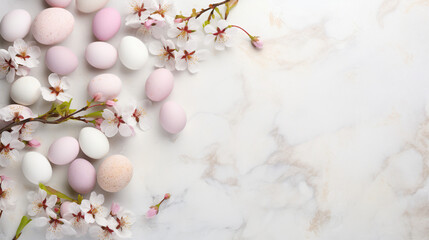 Joyful Easter Celebration with Colorful Eggs and Cherry Blossoms on White Marble Background, Top View