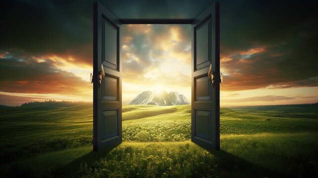 Opened Door on Long Path on Green Field. New, Journey, Adventure, Start, Begin, Life, Change
