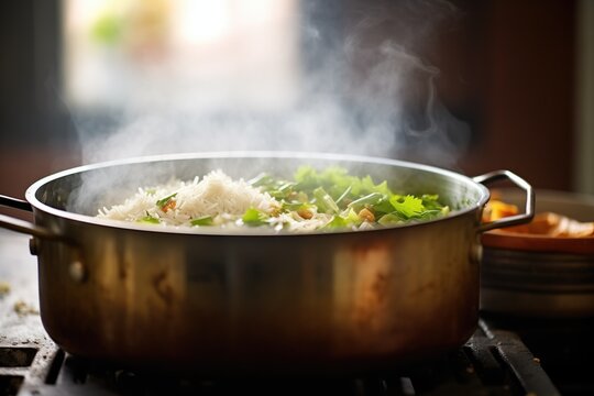 biryani cooking in an open pot with steam rising
