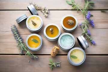 various organic balms in open tins with mint leaves - obrazy, fototapety, plakaty