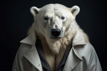 Polar bear dressed portrait. Antarctic furry animal wearing outerwear clothing. Generate ai