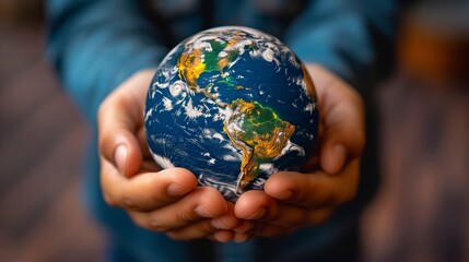 Hands holding a globe or map with focus on the Earth