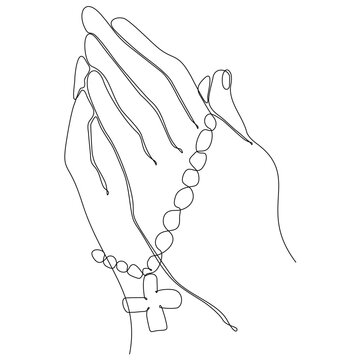 Christianity continuous line drawing. Hand with Christian cross symbol. One hand contour drawing minimalistic sketch