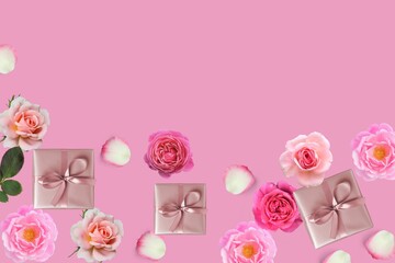 romantic valentine concept Top view photo gift box with roses on pink background