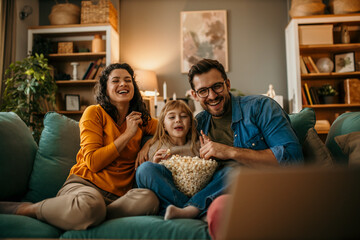 A family of three having a delightful time watching a film and snacking on popcorn