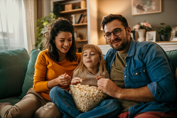 The joy of togetherness as a mom, dad, and daughter share a movie and popcorn in their living room - obrazy, fototapety, plakaty