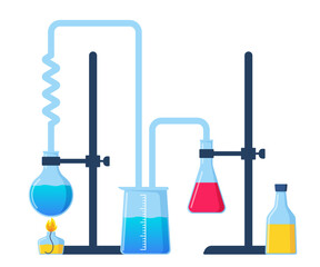 Chemical Laboratory with different glass flasks, vials, test-tubes with substance and reagents. Lab research, testing, studies in chemistry, physics, biology. Banner, poster. Vector illustration.