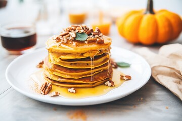 pumpkin spice pancakes with pecans and syrup