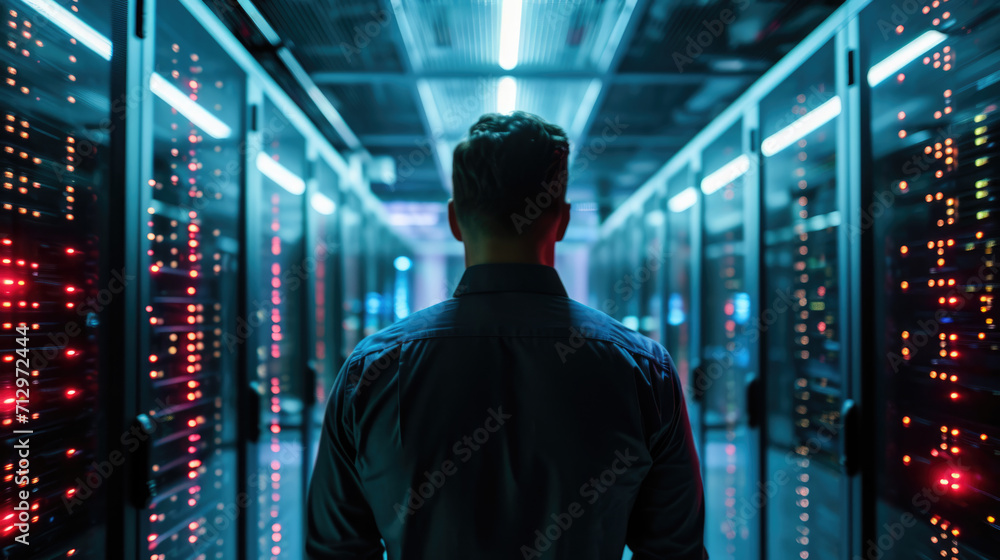 Poster man is standing in a data center with rows of server racks, holding a tablet and presumably managing