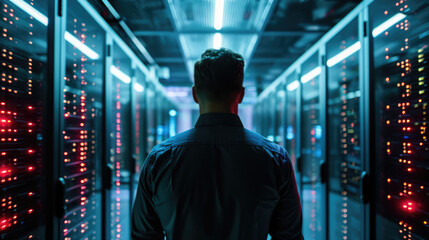 Man is standing in a data center with rows of server racks, holding a tablet and presumably managing or monitoring the network infrastructure.