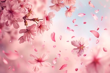 Background of falling cherry blossoms and petals, spring.