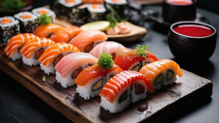Sushi set in a restaurant. Beautiful serving traditional Japanese food. Rice and fish.