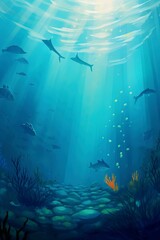 Fototapeta na wymiar Rays of light underwater, illustration, playrix style, background