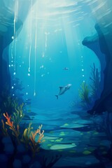 Fototapeta na wymiar Rays of light underwater, illustration, playrix style, background