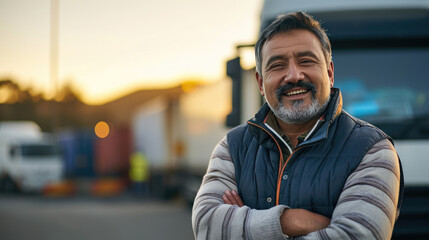 Confident male truck driver standing with his arms crossed in front of a truck, smiling at the camera during a sunny day.