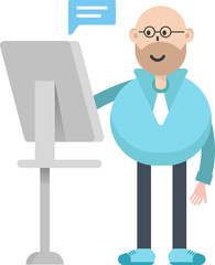 Bald man Character Working on Computer
