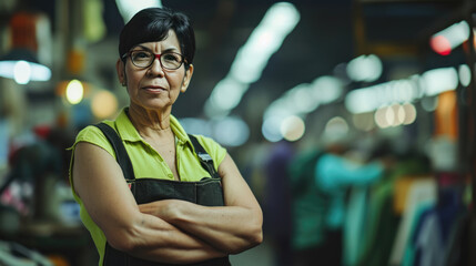 Naklejka premium Confident middle-aged woman with arms crossed, wearing a sleeveless green shirt and black apron.
