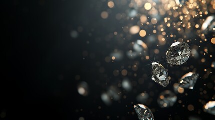 a macro close-up image of many precious stones diamonds or similar zirconia fianit making a border frame on the right side on black background
