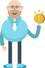 Bald man Character Holding Dollar Coin
