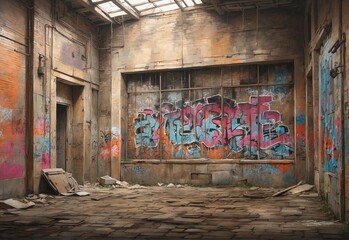 In the heart of a dilapidated metropolis, a grungy lustrous time capsule stands tall, capturing a moment frozen in time.