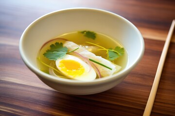 pho with soft-boiled egg cut in half, yolk visible