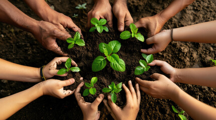 Several hands of different sizes and skin tones are holding and nurturing young green plants in soil, symbolizing growth, care, and environmental education.