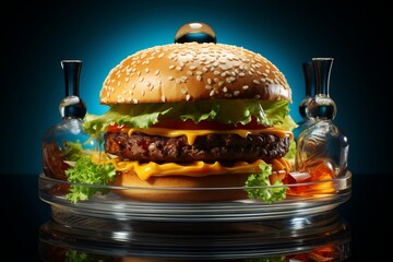 Gourmet Cheeseburger Presentation, on an isolated Culinary Excellence Blue background, Generative AI