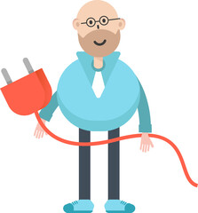 Bald man Character Holding Electric Plug
