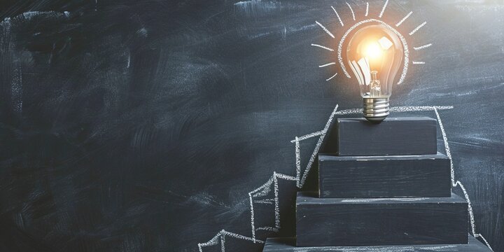 A chalk-drawn staircase ascending towards a shining light bulb, capturing the essence of educational progress and the enlightening power of learning, copy space on the right