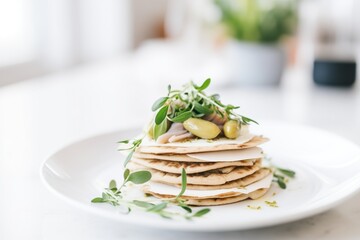 pita bread stack on a white plate with olive branch