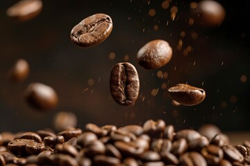 Obraz premium Coffee beans falling, realistic, photography, cinematic still shot