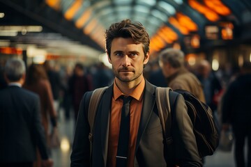 Fototapeta premium Businessman in a stylish suit navigating a bustling airport on a busy business trip, Generative AI