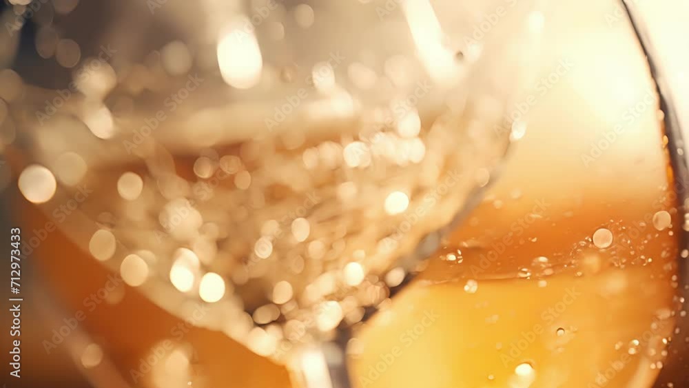 Poster tiny bubbles bursting with effervescence swirl in a slowmotion macro shot of a glass of sparkling wi