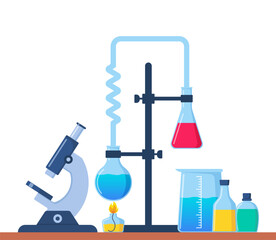 Chemical Laboratory with different glass flasks, vials, test-tubes with substance and reagents. Lab research, testing, studies in chemistry, physics, biology. Banner, poster. Vector illustration.