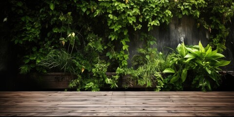 Gorgeous outdoor backdrop with lush greenery and a wooden table.