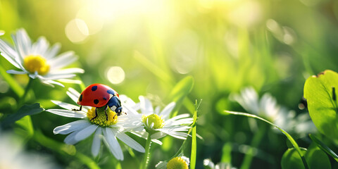 Macro shot of a ladybug in a flower meadow.