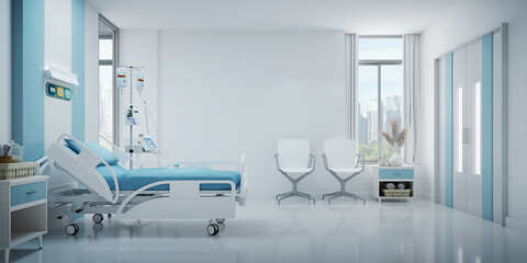 Hospital bed in recovery room with copy space.3d rendering