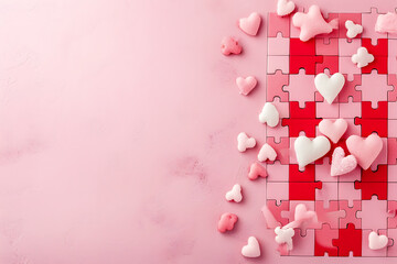 Heart Puzzle Concept, Love Jigsaw, Valentine's Day Creativity, pink  heart puzzle background, Valentine's day concept, copyspace for text