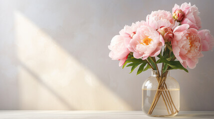 Beautiful pink peonies in vase on table