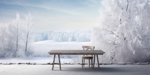 Winter scene with snowy landscape and table in the background.