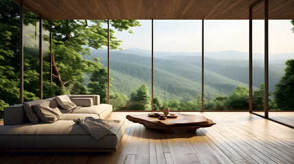 Modern style living room There are wooden floors and large windows overlooking nature Mountain and forest views in the background.