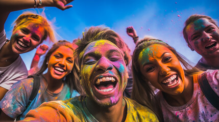 group of people playing colorful powder at a Holi celebrations - obrazy, fototapety, plakaty