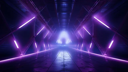 Fotobehang laser show club dark neon sci fi futuristic retro purple blue glowing tunnel room hall rendering 3D © Aura