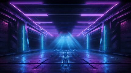 laser show club dark neon sci fi futuristic retro purple blue glowing garage stage tunnel room 3D