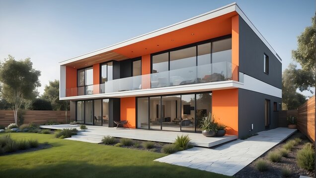 A unique and diverse home exterior with a modern twist, featuring a sleek and minimalist design with large windows and a bold color palette. generative AI