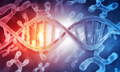 Human DNA strand on chromosome background. 3d illustration..