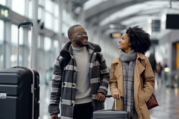 Smiling African American couple walking with luggage in airport terminal
