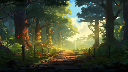 torii forest afternoon anime background illustration - obrazy, fototapety, plakaty