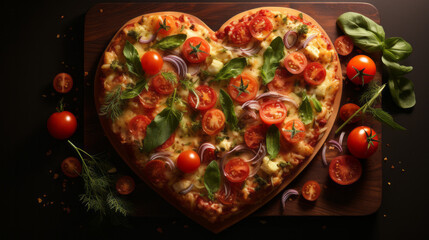 Appetizing heart shaped pizza. Traditional Italian food