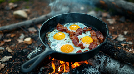 Camping breakfast with bacon and eggs in a cast iron skillet. Fried eggs with bacon in a pan in the forest